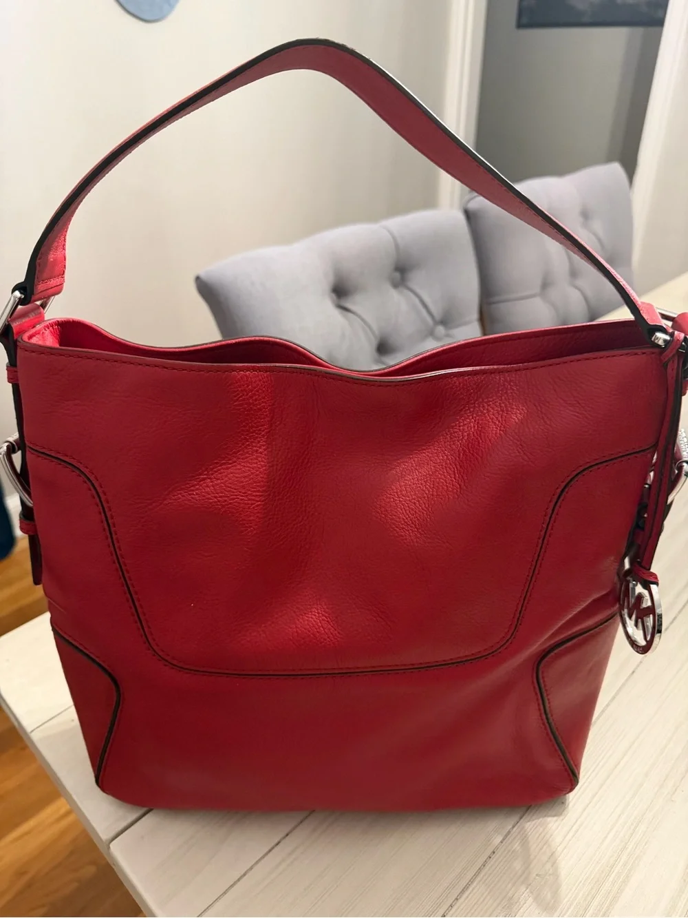 Michael Kors Red Genuine Leather Hobo Shoulder Bag MK Charm Silver Hardware
